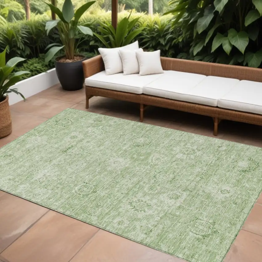 Artichoke Green And Ivory Damask Washable Indoor Outdoor Area Rug Photo 1