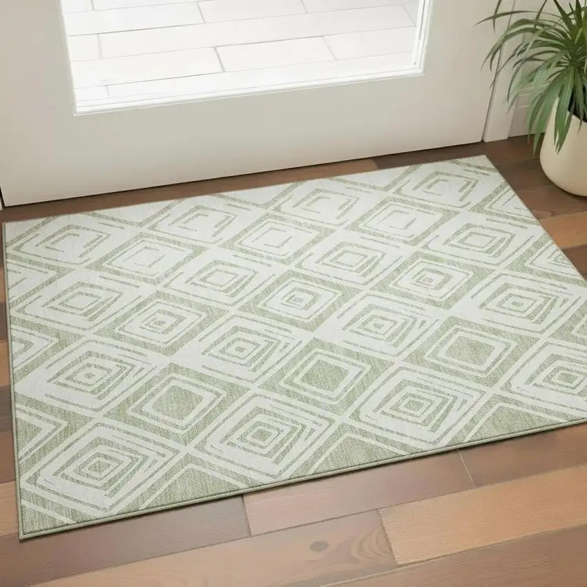 Artichoke Green And Ivory Diamond Washable Area Rug With UV Protection Photo 1