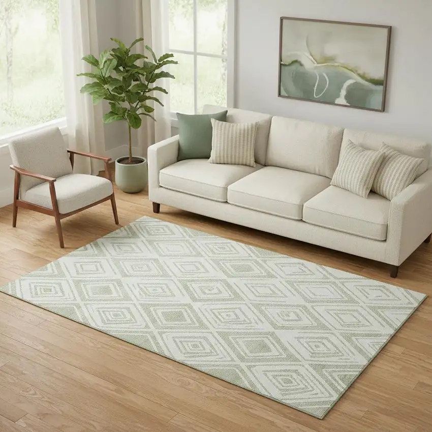 Artichoke Green And Ivory Diamond Washable Area Rug With UV Protection Photo 1
