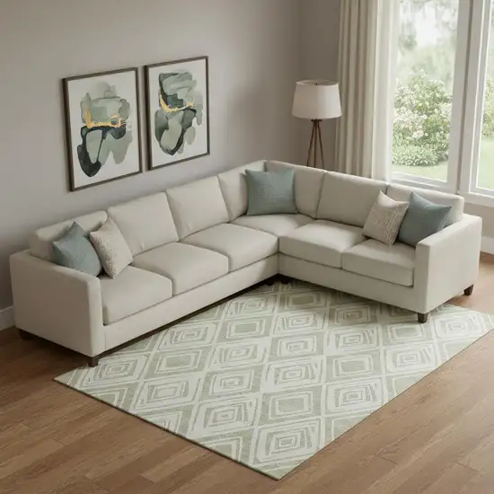 Artichoke Green And Ivory Diamond Washable Area Rug With UV Protection Photo 1