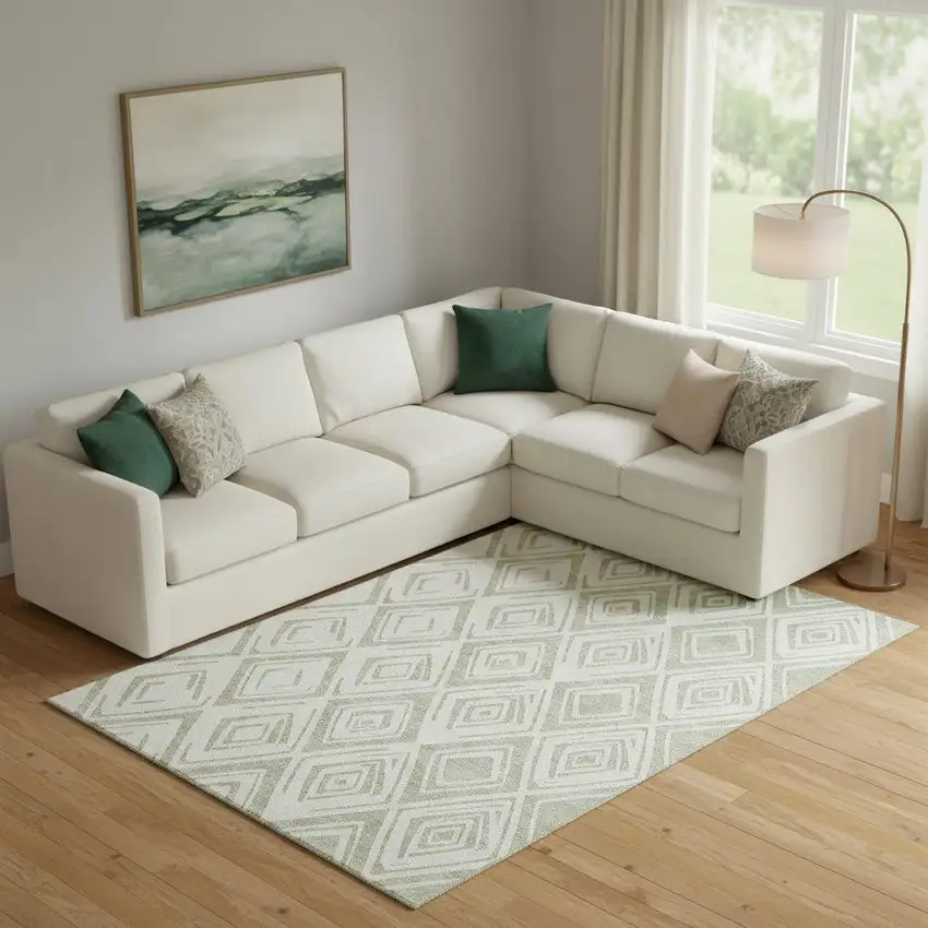 Artichoke Green And Ivory Diamond Washable Area Rug With UV Protection Photo 1