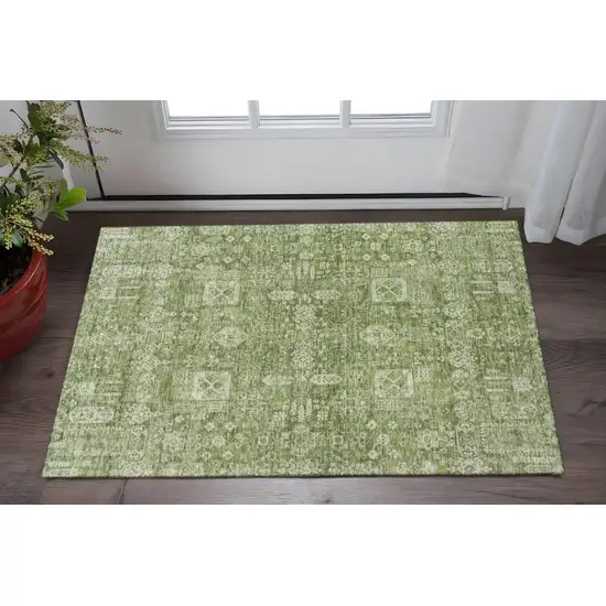 Artichoke Green And Ivory Floral Washable Area Rug With UV Protection Photo 2