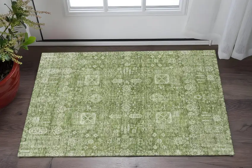 Artichoke Green And Ivory Floral Washable Area Rug With UV Protection Photo 2