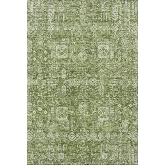 Artichoke Green And Ivory Floral Washable Area Rug With UV Protection Photo 3
