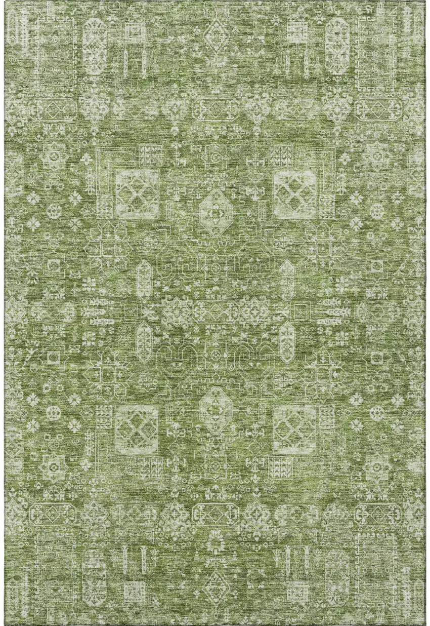Artichoke Green And Ivory Floral Washable Area Rug With UV Protection Photo 3