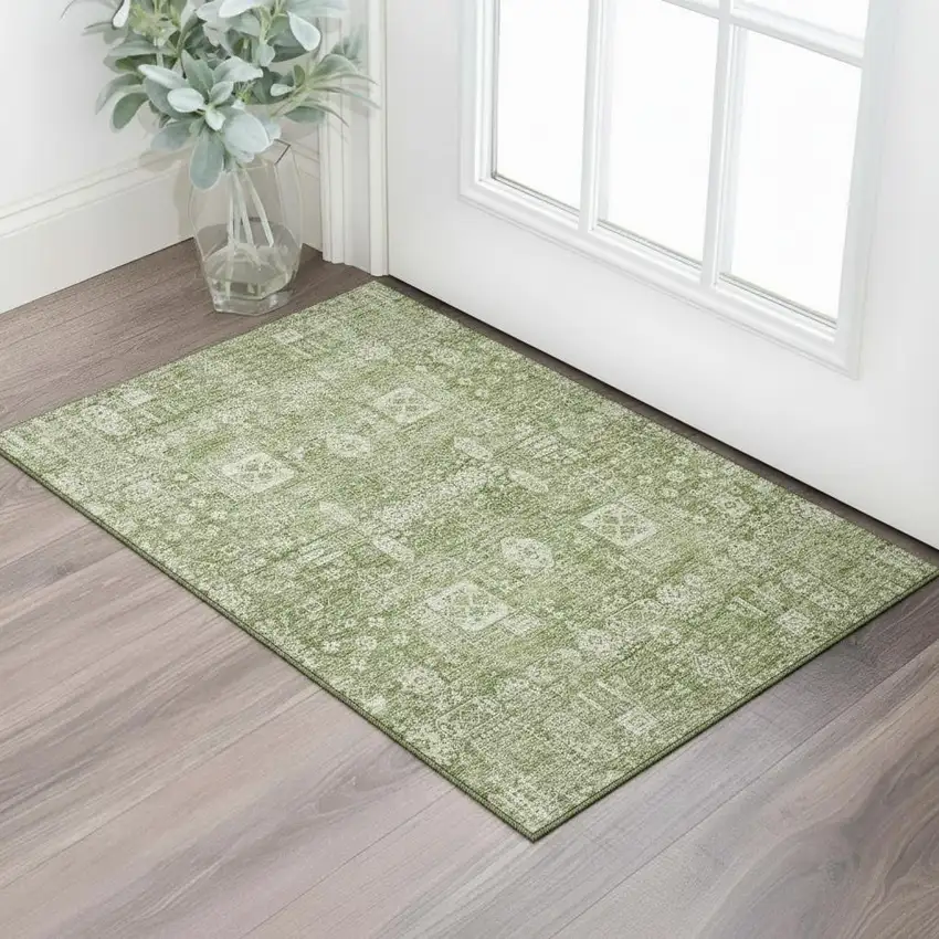 Artichoke Green And Ivory Floral Washable Area Rug With UV Protection Photo 1