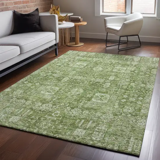 Artichoke Green And Ivory Floral Washable Area Rug With UV Protection Photo 3
