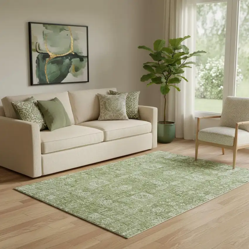 Artichoke Green And Ivory Floral Washable Area Rug With UV Protection Photo 1