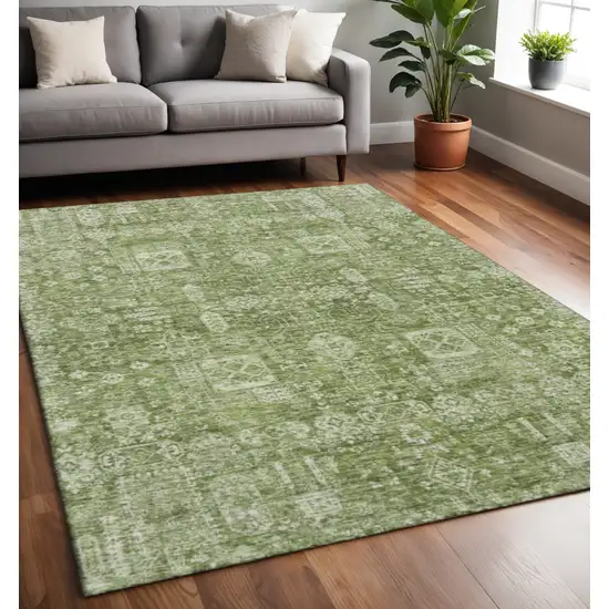 Artichoke Green And Ivory Floral Washable Area Rug With UV Protection Photo 2