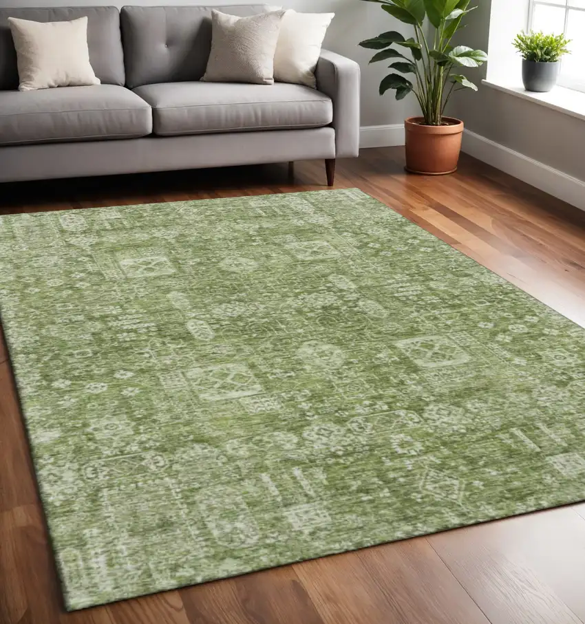 Artichoke Green And Ivory Floral Washable Area Rug With UV Protection Photo 2