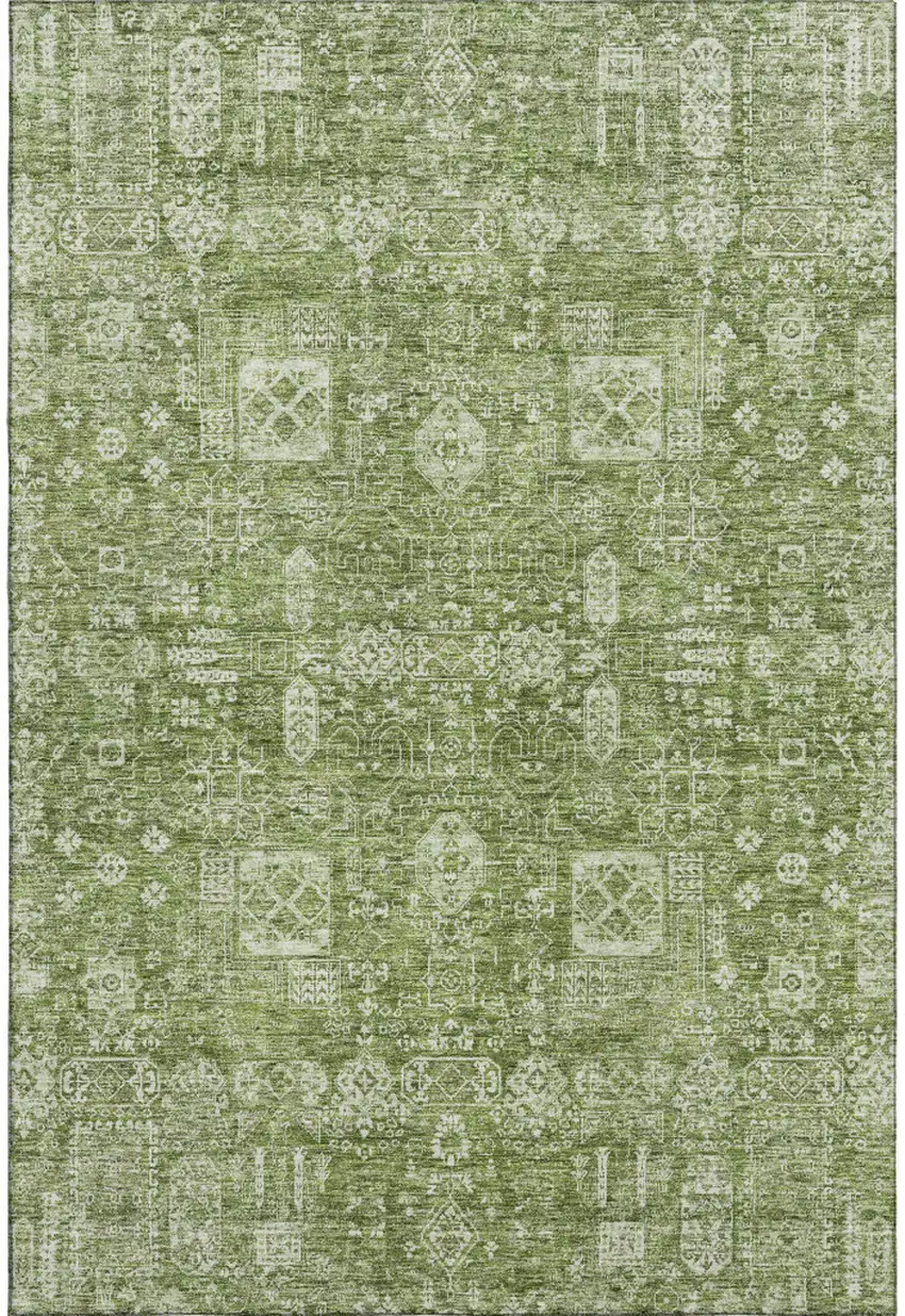 Artichoke Green And Ivory Floral Washable Area Rug With UV Protection Photo 1