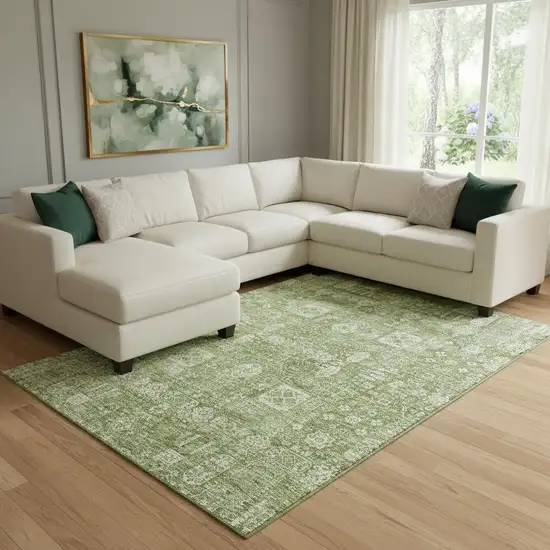 Artichoke Green And Ivory Floral Washable Area Rug With UV Protection Photo 1