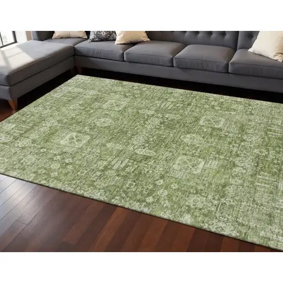 Artichoke Green And Ivory Floral Washable Area Rug With UV Protection Photo 2