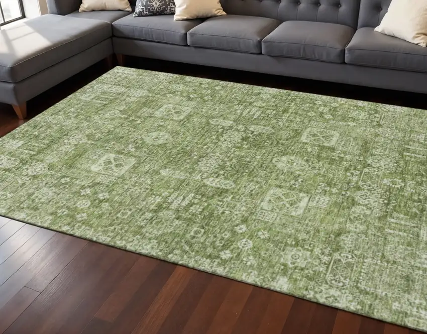 Artichoke Green And Ivory Floral Washable Area Rug With UV Protection Photo 2