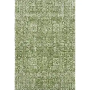 Photo of Artichoke Green And Ivory Floral Washable Area Rug With UV Protection