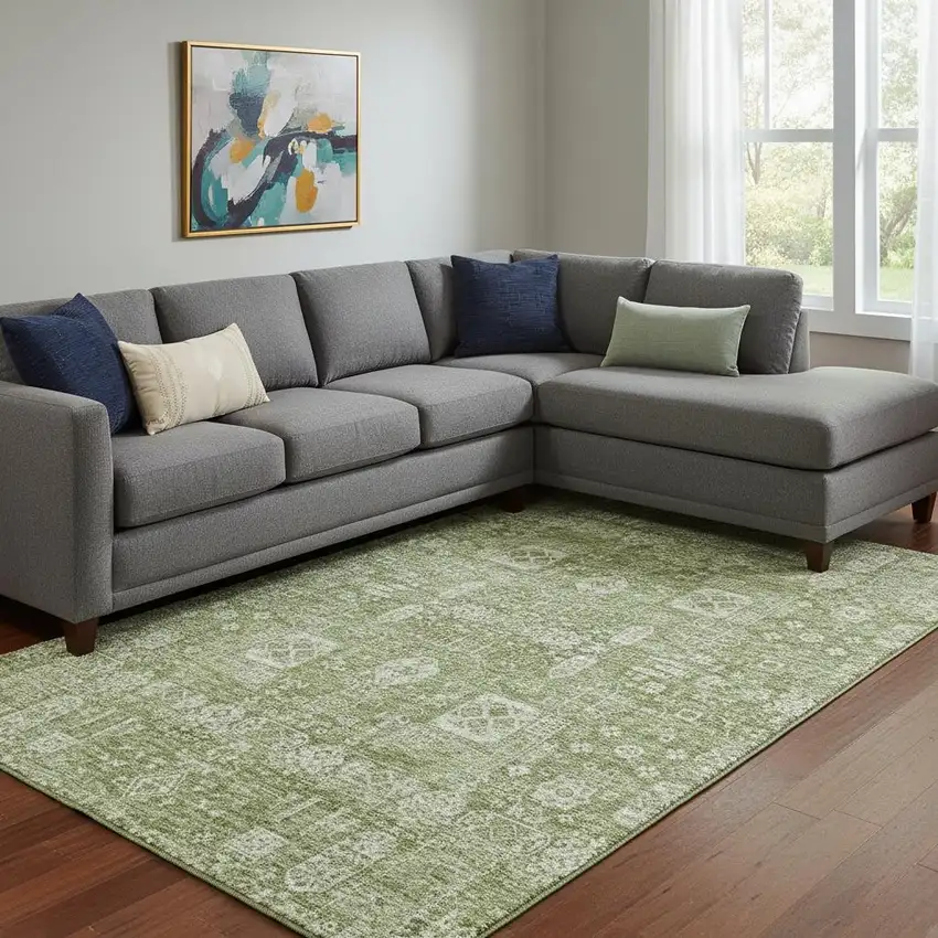 Artichoke Green And Ivory Floral Washable Area Rug With UV Protection Photo 1