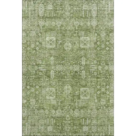 Artichoke Green And Ivory Floral Washable Area Rug With UV Protection Photo 1