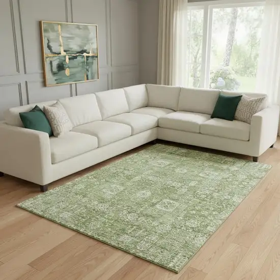 Artichoke Green And Ivory Floral Washable Area Rug With UV Protection Photo 1