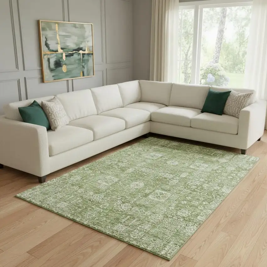 Artichoke Green And Ivory Floral Washable Area Rug With UV Protection Photo 1