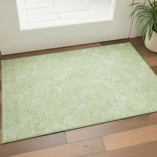 Artichoke Green And Ivory Floral Washable Area Rug With UV Protection Photo 1