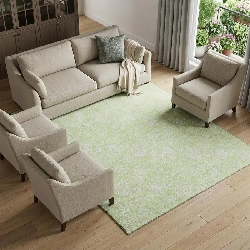 Artichoke Green And Ivory Floral Washable Area Rug With UV Protection Photo 1