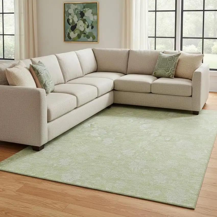 Artichoke Green And Ivory Floral Washable Area Rug With UV Protection Photo 1