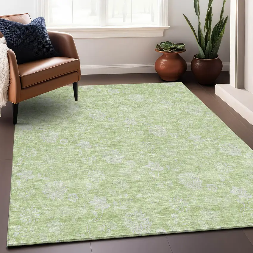Artichoke Green And Ivory Floral Washable Area Rug With UV Protection Photo 4