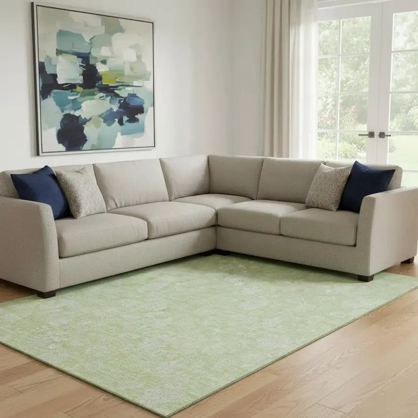 Artichoke Green And Ivory Floral Washable Area Rug With UV Protection Photo 1