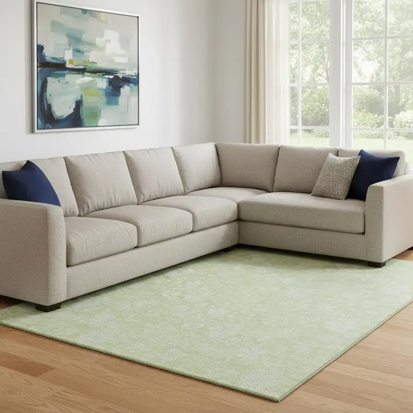 Artichoke Green And Ivory Floral Washable Area Rug With UV Protection Photo 2