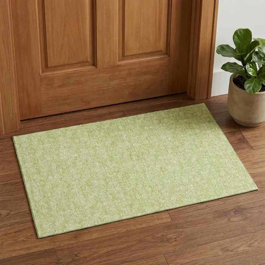 Artichoke Green And Ivory Floral Washable Area Rug With UV Protection Photo 1