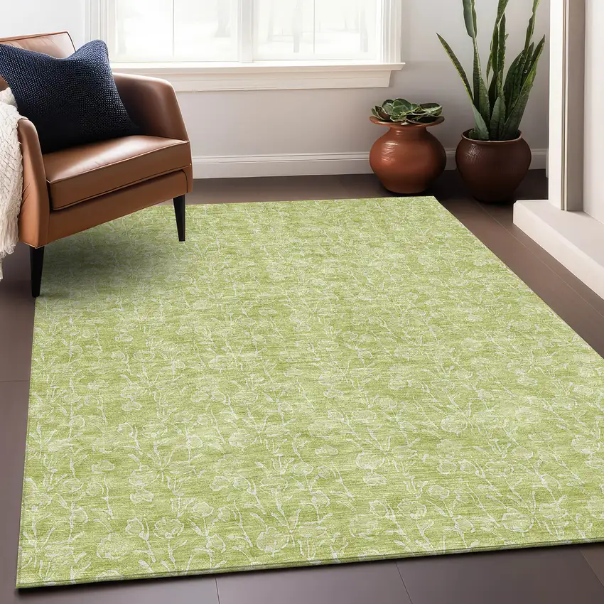 Artichoke Green And Ivory Floral Washable Area Rug With UV Protection Photo 5