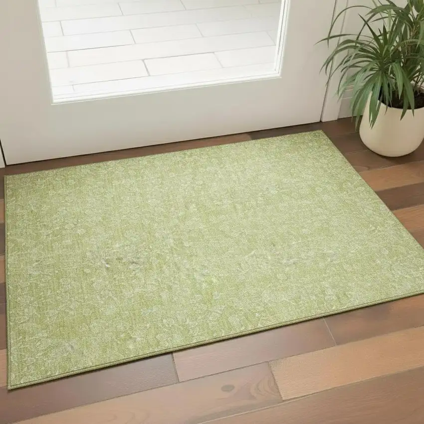 Artichoke Green And Ivory Floral Washable Area Rug With UV Protection Photo 1