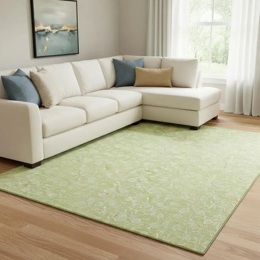 Artichoke Green And Ivory Floral Washable Area Rug With UV Protection Photo 1