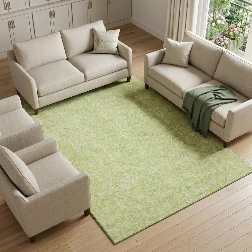 Artichoke Green And Ivory Floral Washable Area Rug With UV Protection Photo 1