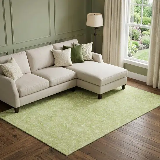 Artichoke Green And Ivory Floral Washable Area Rug With UV Protection Photo 1
