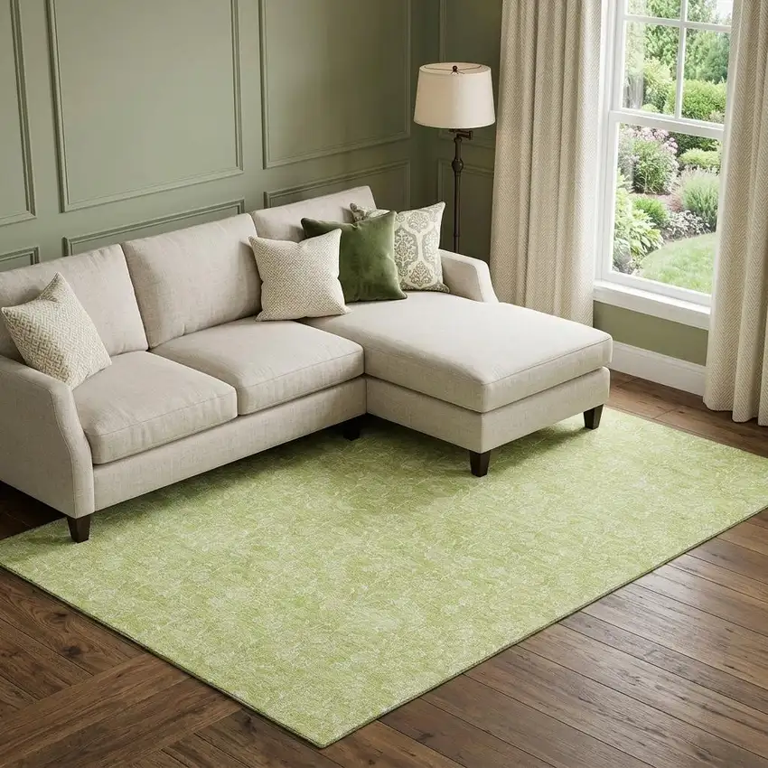 Artichoke Green And Ivory Floral Washable Area Rug With UV Protection Photo 1