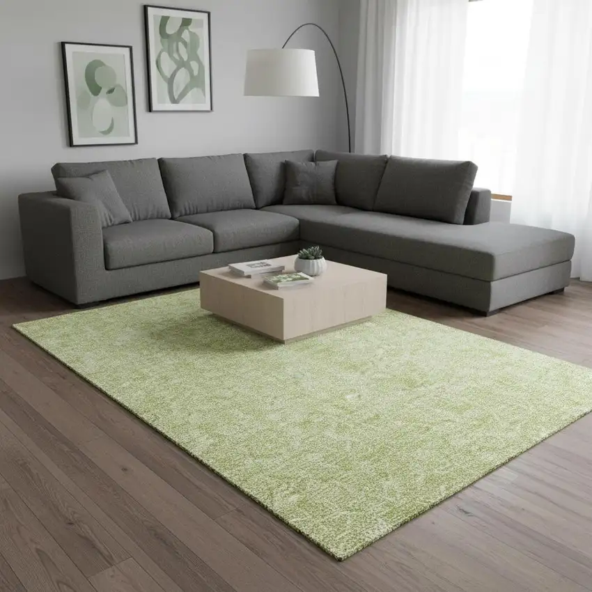 Artichoke Green And Ivory Floral Washable Area Rug With UV Protection Photo 1