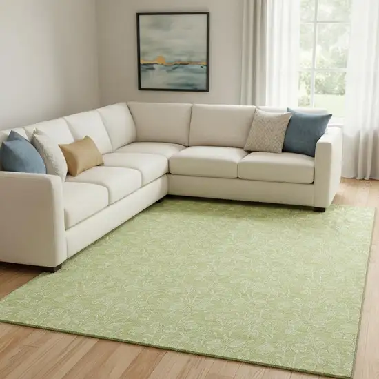 Artichoke Green And Ivory Floral Washable Area Rug With UV Protection Photo 1