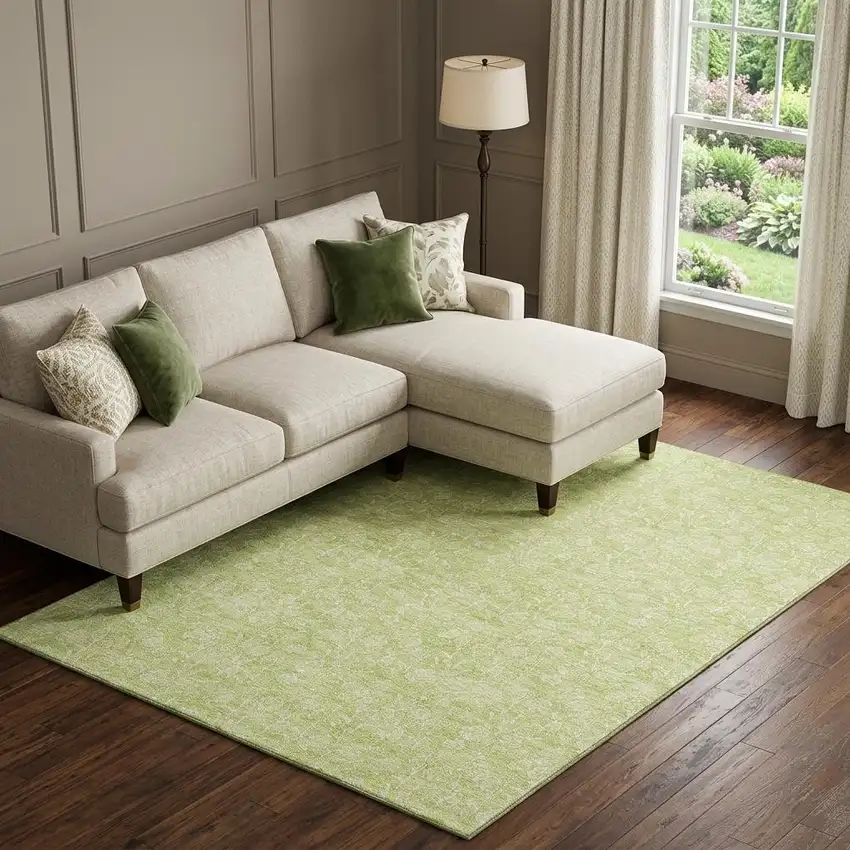 Artichoke Green And Ivory Floral Washable Area Rug With UV Protection Photo 1