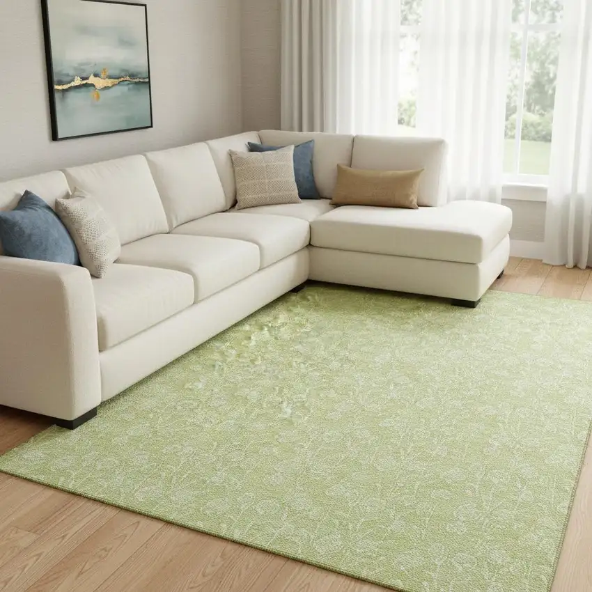 Artichoke Green And Ivory Floral Washable Area Rug With UV Protection Photo 1