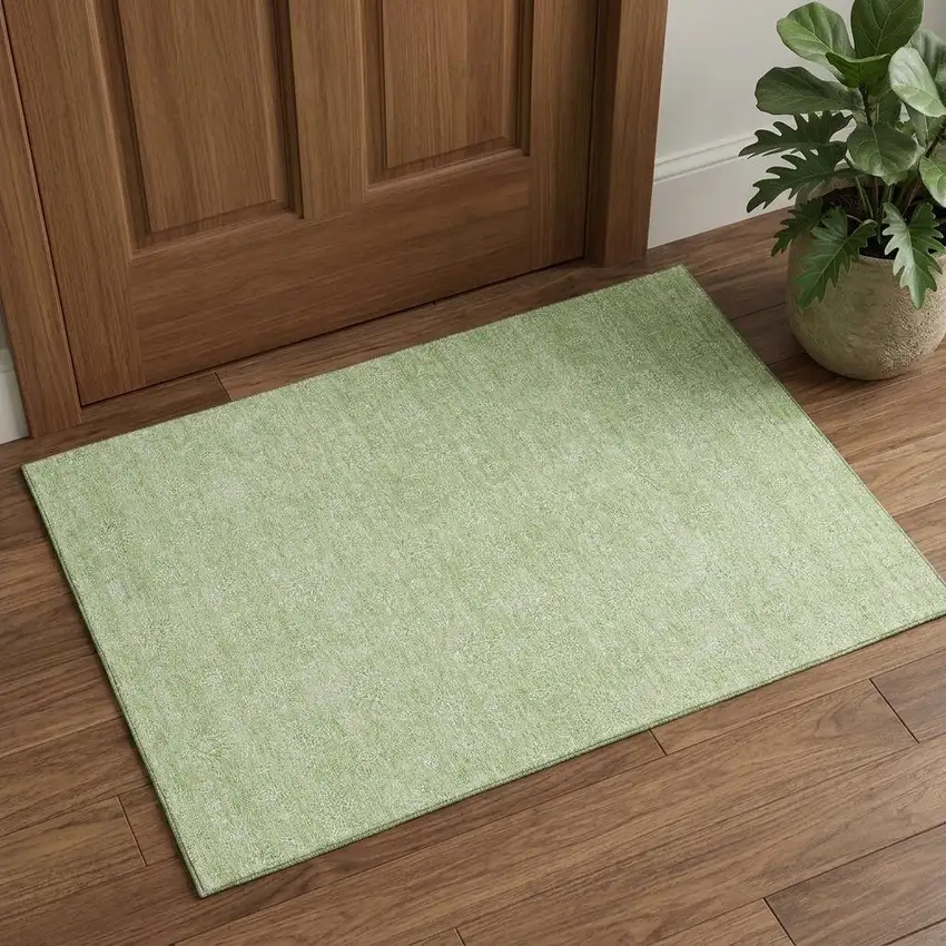 Artichoke Green And Ivory Floral Washable Area Rug With UV Protection Photo 1