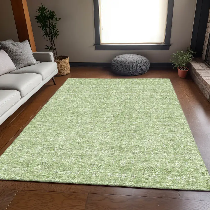 Artichoke Green And Ivory Floral Washable Area Rug With UV Protection Photo 6