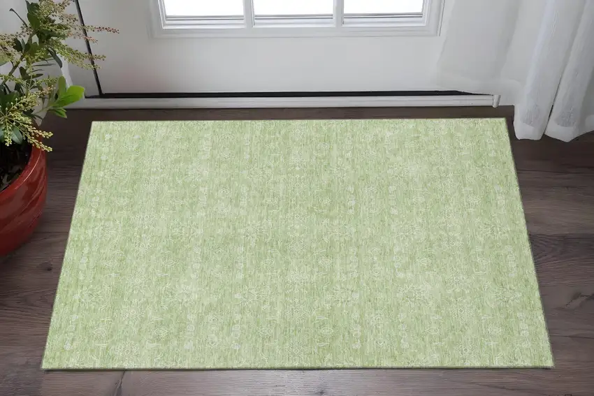 Artichoke Green And Ivory Floral Washable Area Rug With UV Protection Photo 1