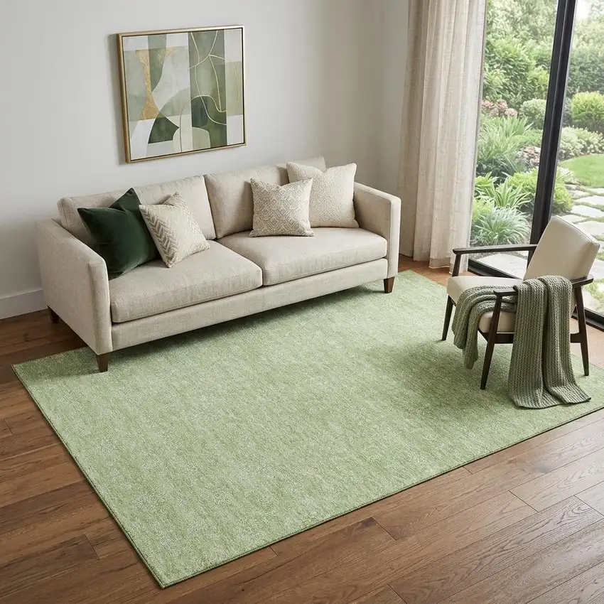 Artichoke Green And Ivory Floral Washable Area Rug With UV Protection Photo 1