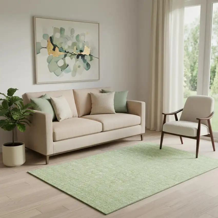 Artichoke Green And Ivory Floral Washable Area Rug With UV Protection Photo 1