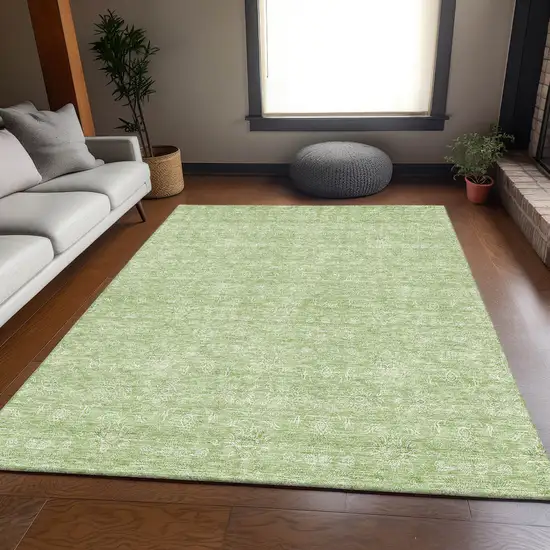 Artichoke Green And Ivory Floral Washable Area Rug With UV Protection Photo 5