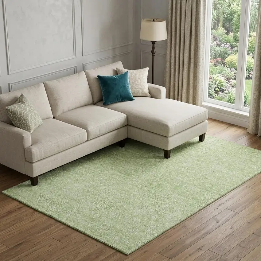 Artichoke Green And Ivory Floral Washable Area Rug With UV Protection Photo 1