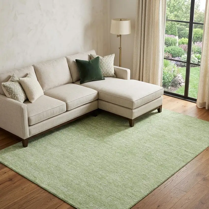 Artichoke Green And Ivory Floral Washable Area Rug With UV Protection Photo 1
