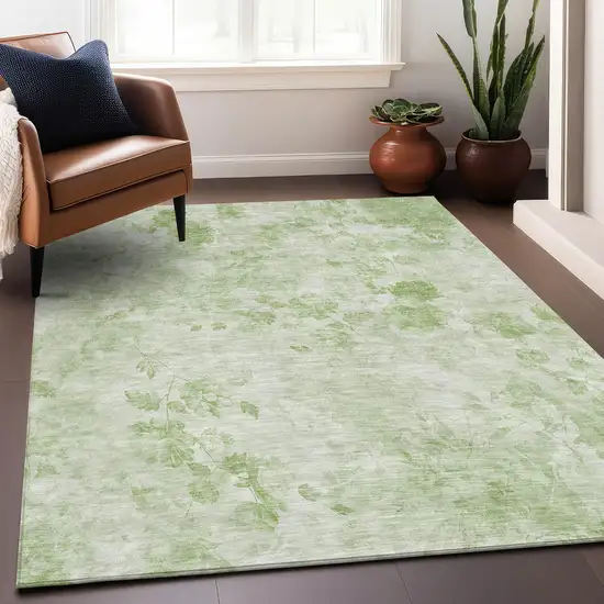 Artichoke Green And Ivory Floral Washable Area Rug With UV Protection Photo 5