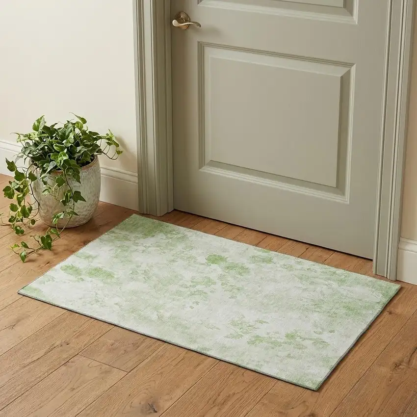 Artichoke Green And Ivory Floral Washable Area Rug With UV Protection Photo 1
